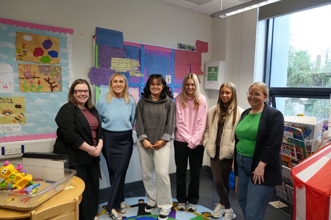 Early Years Lecturers, Many Flavin and Nikki Millan with students Nikki Millan, Eaden Watson, Lara Weldon and Amy Vallely from the Level 3 Diploma in Children’s Care, Learning and Development, with Judith Thompson, Toybox Project Manager.